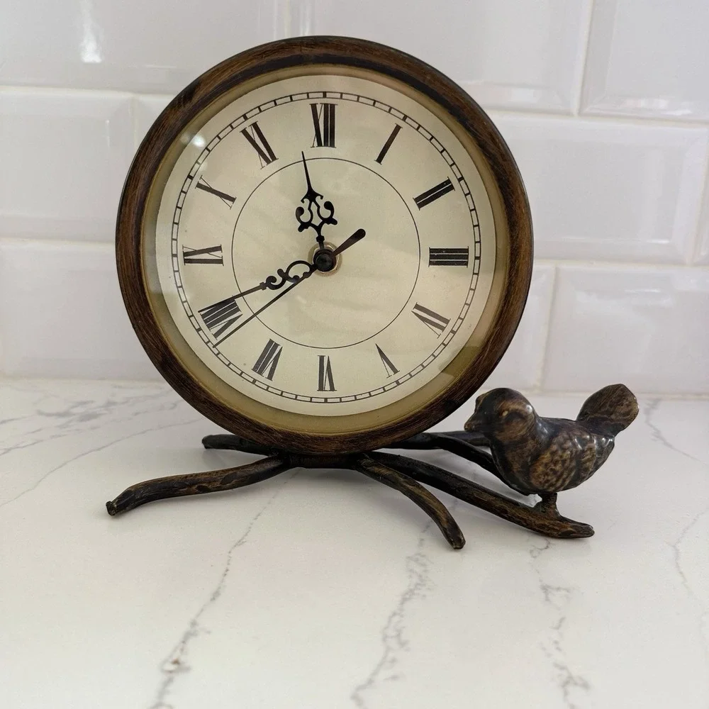 Vintage Pier 1 Imports Metal Mantel Clock Bird Branch Bronze Gold Desk Table
